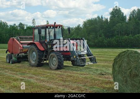 Traktor bei Heuballen, die während der Feldarbeit auf einem Bauernhof für die Viehzucht sorgen Stockfoto