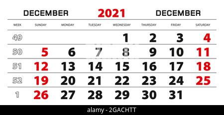 Wandkalender 2021 für dezember, Woche ab sonntag. Blockgröße 297 x 140 mm. Stock Vektor