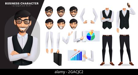 Geschäftsmann Kreation Kit Vektor-Set. Business man Mitarbeiter-Kit mit editierbaren Körperteilen und Gesichtsausdrücken für die Post von Büromitarbeitern. Stock Vektor