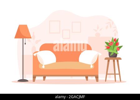 Gemütliches Wohnzimmer mit Sofa, Lampe, Tisch und Pflanzen Stock Vektor