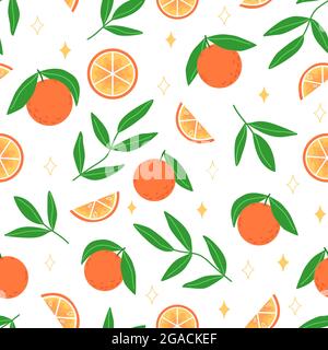 Sommerliches nahtloses Muster aus Orangen, Blättern und Zweigen in flacher Form Stock Vektor