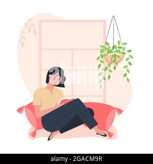 Junge Frau, die am Fenster sitzt und ein Buch liest und sich zu Hause entspannt Stock Vektor