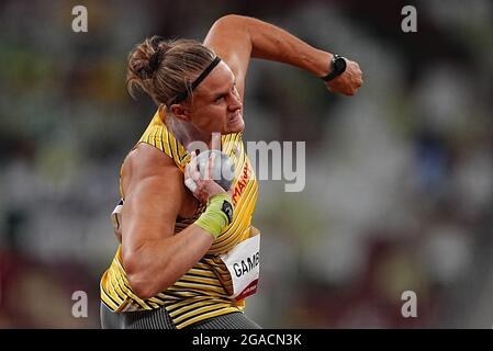 Tokio, Japan. Juli 2021. Leichtathletik: Olympische Spiele, Kugelschießen, Frauen, Sara Gambetta aus Deutschland. Quelle: Michael Kappeler/dpa/Alamy Live News Stockfoto