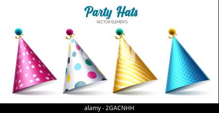 Geburtstagsfeier Hüte Vektor-Set. Bunte Hutelemente isoliert in weißem Hintergrund für die Feier Geburtstag Party Event Dekoration. Stock Vektor