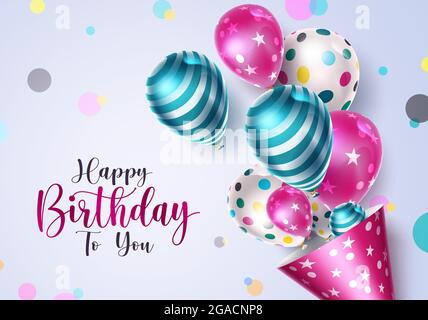 Geburtstagsballons Vektor-Design. Happy Birthday to you Gruß Text mit bunten Muster Ballon Element in Kreis Punkte Dekor für die Geburt zu feiern Stock Vektor