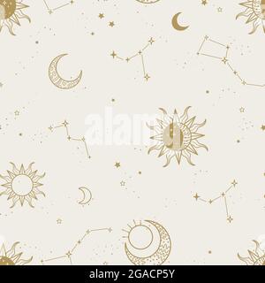 Moderne magische nahtlose Muster, handgezeichnete Symbole und Ornamente, Kristalle, ideal für Textilien, Banner, Tapeten, Umhüllung - Vektordesign Stock Vektor