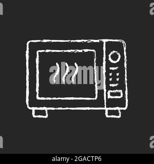 Weißes Symbol für Mikrowellen-Kreide auf dunklem Hintergrund. Ofen zum Erhitzen von Fertiggerichten. Braten Abendessen im Ofen. Kochanleitung. Prozess der Lebensmittelzubereitung. Stock Vektor