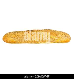 Langes Baguette mit Sesamsamen auf weißem Grund. Isoliert Stockfoto