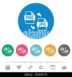 PNG JPG-Dateikonvertierung flache weiße Symbole auf runden farbigen Hintergründen. 6 Bonus-Symbole enthalten. Stock Vektor