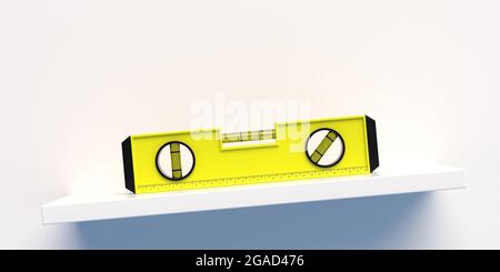Gelbes Farbniveau-Werkzeug für Bau, Tischlerausrüstung, Kopierraum, Schablone. Wasserwaage oder Wasserblase auf einem schräg abgelegenem Wandregal, isoliert auf weißem Ba Stockfoto