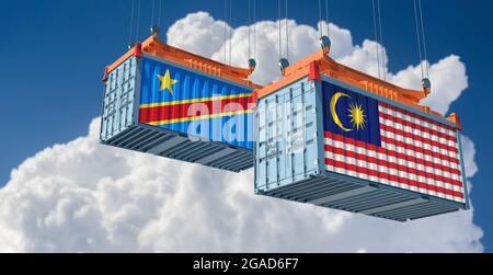 Frachtcontainer mit Flagge der Demokratischen Republik Kongo und Malaysia. 3D-Rendering Stockfoto