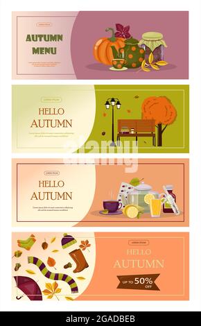 Helles Vektor Herbst Verkaufsbanner. Werbung, Shopping Rabatt Promotion. Flaches Design Illustration.Vorlage Hintergründe mit Puppenkuchen, heiß Stock Vektor