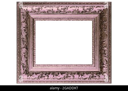 Pink Classic Old Vintage Holz Mockup Leinwand Rahmen isoliert auf weißem Hintergrund. Blank schönes und vielfältiges Thema Formen Baguette. Stockfoto