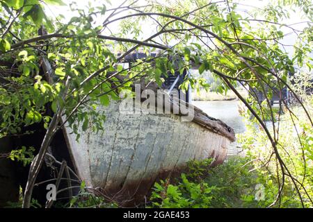 Der Rumpf eines ausrangierten Ruderbootes wird von Büschen am Ufer überwuchert und fällt in den Ruin. Stockfoto