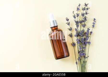 Tropferglas braune Flasche Bio Lavendelöl oder Serum neben getrockneten Lavendelblüten Draufsicht Stockfoto