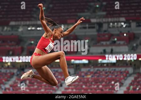 Tokio, Japan. Juli 2021. Ana Peleteiro, aus Spanien, während des Triple Jump Qualifier in Athletics Competition im Olympiastadion bei den Olympischen Sommerspielen in Tokio, Japan, am Freitag, den 30. Juli 2021. Foto von Richard Ellis/UPI Credit: UPI/Alamy Live News Stockfoto