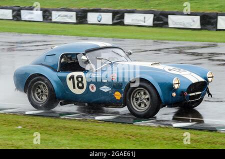 AC Cobra 289 Rennwagen, der beim Langstreckenrennen RAC Tourist Trophy Competation beim Goodwood Revival 2013 unter nassen Bedingungen startet. Regen Stockfoto