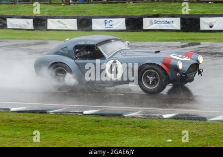 AC Cobra 289 Rennwagen, der beim Langstreckenrennen RAC Tourist Trophy Competation beim Goodwood Revival 2013 unter nassen Bedingungen startet. Regen Stockfoto