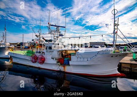 Fischerboote am Rausu Fischerhafen.aufgenommen in Hokkaido Island, Japan am 20. September 2016 Stockfoto