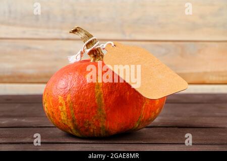 Ernte- und Herbstverkauf Konzept. Reifer Kürbis mit einem Etikett auf einem Holzhintergrund. Thanksgiving. Speicherplatz kopieren. Stockfoto