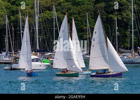 Troy-Klasse Boote, die an Wettkampfrennen teilnehmen - Fowey Harbour / Mündung, Cornwall, Großbritannien. Stockfoto