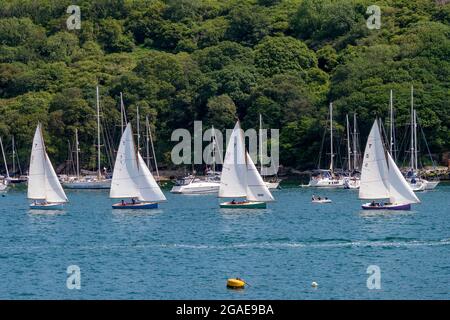 Troy-Klasse Boote, die an Wettkampfrennen teilnehmen - Fowey Harbour / Mündung, Cornwall, Großbritannien. Stockfoto