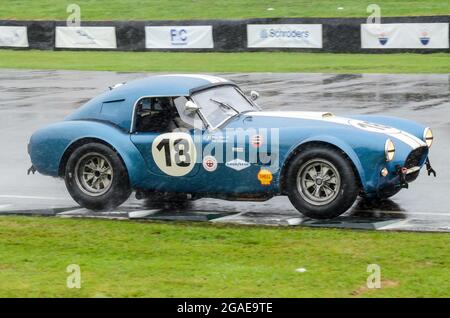 AC Cobra 289 Rennwagen, der beim Langstreckenrennen RAC Tourist Trophy Competation beim Goodwood Revival 2013 unter nassen Bedingungen startet. Regen Stockfoto