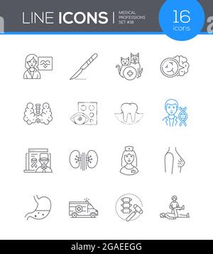 Medizinische Berufe - Liniendesign Stil Symbole gesetzt. Behandlung, gesundheitliche Probleme. Augenarzt, Chirurg, Orthopäde, Endokrinologe, Zahnarzt, gastro Stock Vektor