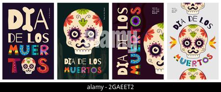 Mexikanischer Tag der Toten – Poster-Set. Dia de Los Muertos Grußkarten zum Nationalfestival mit farbenfrohen Schriftzügen und Totenkopf. Mexiko religiöse november Urlaub Banner Vektor eps Design-Vorlagen Stock Vektor