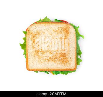 Sandwich mit Gemüse, Käse und truthahn auf weißem Hintergrund. Draufsicht, Nahaufnahme. Stockfoto