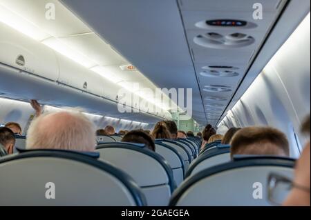 In der Kabine des Flugzeugs. Passagiere in der Kabine des Flugzeugs. Flugzeugkabine mit Sitzreihen im Gang. Kabine von modernem Aircra Stockfoto