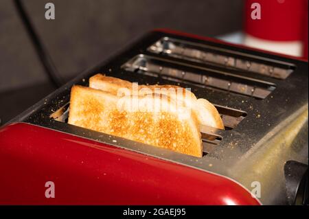 Ein elektrischer Toaster in der Küche mit gekochtem Toast aus weißem Brot Stockfoto