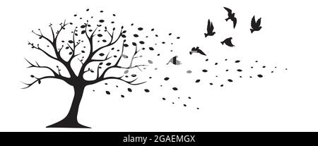 Baumdarstellung im Herbst mit fallenden Blättern vom Wind und fliegenden Vögeln Silhouetten isoliert auf weißem Hintergrund, Vektor. Wandtattoos, Wandtattoos, ar Stock Vektor
