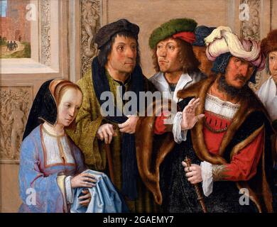 Potiphars Frau zeigt Josephs Kleidung von Lucas van Leyden (1494-1533), Öl auf Tafel, 1512 Stockfoto