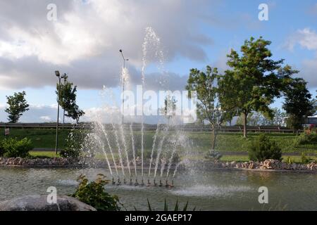 Brunnen am kleinen Pool in Bäumen an einem wolkigen Tag Stockfoto