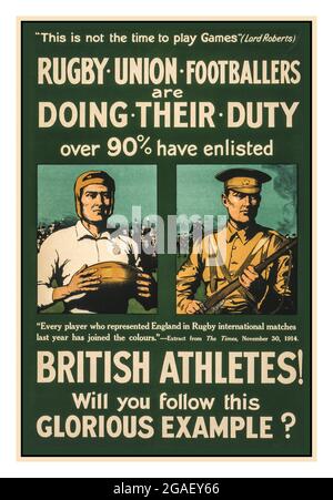 Rekrutierung im 1. Weltkrieg Rekrutierung Propaganda Poster UK: Rugby-Union-Fußballer tun ihre Pflicht. Über 90 % haben sich dafür eingesandten. Britische Athleten! Werdet ihr diesem glorreichen Beispiel folgen? / gedruckt bei Johnson, Riddle & Co., Ltd., London, S.E. Erstellungs-/Veröffentlichungsdatum: London : Publicity Department, Central London Recruiting Depot, [1915] (Poster) : Lithographie, Farbposter mit zwei halblangen Porträts nebeneinander, eines Rugby-Spielers und eines Soldaten. 'Ihre Pflicht erfüllen' Weltkrieg, 1914-1918--Rekrutierung & Einberufung--Großbritannien. Rugby --Großbritannien --1910-1920. Soldaten--Britische--1910-1920. Stockfoto