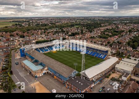 Luftaufnahme des VORNEHMEN Peterborough Football Club Stadions Drone Weston Homes Stadium Stockfoto