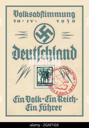 1938 ANSCHLUSS Referendum Nazi-Deutschland Poster Card Propaganda ..Anschluss Österreich . Ein Volk, ein Reich, ein Führer ...'Tag des Großdeutschen Reiches' 1938, 'Volksabstimmung Deutschland...ein Volk. Ein Reich, Ein Führer ..' „Tag des Großdeutschen Reichs“ Nazi-Partei-Swastika-Symbol Stockfoto