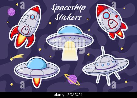 Raumschiff Cartoon Aufkleber Set. Sammlung von Vektorgrafiken mit Raumfahrzeugen und Raketen. UFO und Shuttle für Raumfahrt und Exploration Design, Galaxie Computer und Smartphone-Spiel Stock Vektor