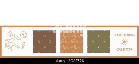 Nahtloser Hintergrund archaeopteryx Dinosaurier Satz von 3 Mustern mit Motiv. Skurrile minimal erdig 2 Ton Farbe. Kids Kinderzimmer Tapete oder Boho Stock Vektor