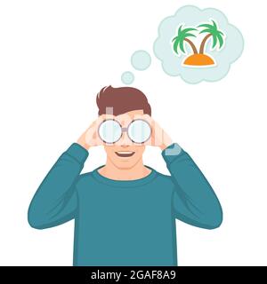 Mann mit Fernglas, der von einer tropischen Insel träumt, Stock Vektor