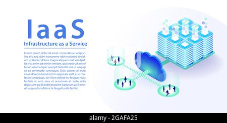 IaaS Infrastructure as a Service Cloud Computing Konzept. isometrische 3d-Vektordarstellung als horizontales Banner. IT-Infrastruktur, die über die c Stock Vektor