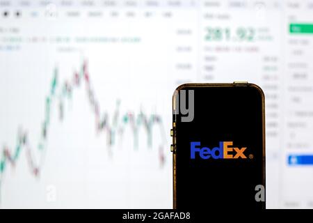 In dieser Abbildung ist ein Logo der FedEx Corporation auf einem Smartphone mit den Börseninformationen der FedEx Corporation im Hintergrund zu sehen. Stockfoto