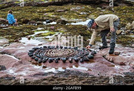 James Brunt, Landkünstler, kreiert eine Felsskulptur am Strand, Dunbar, East Lothian, Schottland, Großbritannien Stockfoto