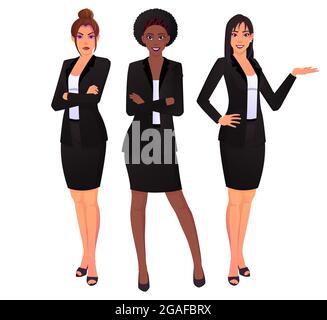 Business Frauen Tragen Schwarze Anzüge In Action Pose. Kaukasische, Asiatische Und Schwarze Corporate Woman Stock Vektor