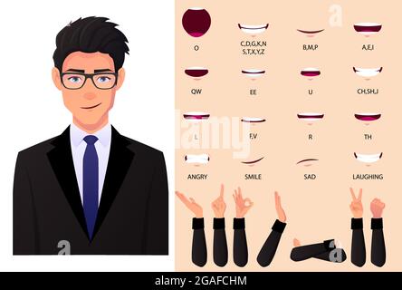 Geschäftsmann Mund Animation Set Und Lip Sync Set. Mann in schwarzem Anzug Mantel für Präsentationen mit Hifren Handgesten Flat Vector Illustration. Design Stock Vektor