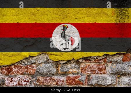 Grafisches Konzept mit einer Flagge Ugandas auf einer beschädigten Ziegelwand. Stockfoto