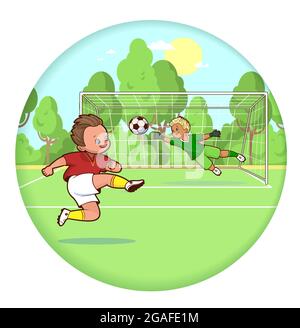Zwei Fußballer spielen auf dem Spielfeld Fußball und erzielen ein Tor. Grußkarte mit einem Muster in einem Kreis.Vektor-Cartoon-Illustration für Kinder auf einem Sport Stock Vektor