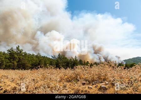 Marmaris, Mugla, Türkei – 30. Juli 2021. Rauch von einem Waldbrand, der über dem türkischen Ferienort Marmaris aufsteigt. Stockfoto