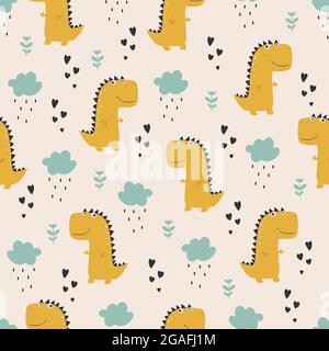 Niedliches Dinosaurier-Muster - handgezeichnetes, kindliches Dinosaurier-Nahtloses Muster-Design Stock Vektor